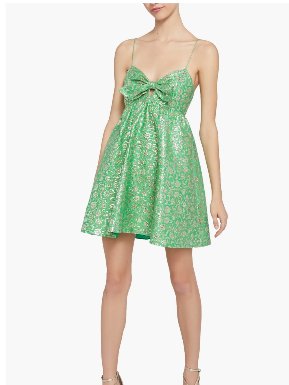 Alice + Olivia Melvina Bow Front Metallic Jacquard Babydoll Dress SZ 8 Green